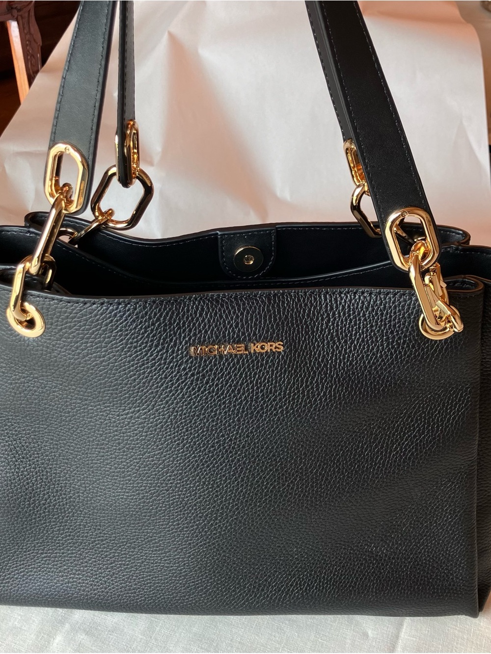Michael Kors Black Pebbled Leather Shoulder Tote with Gold Hardware NWT